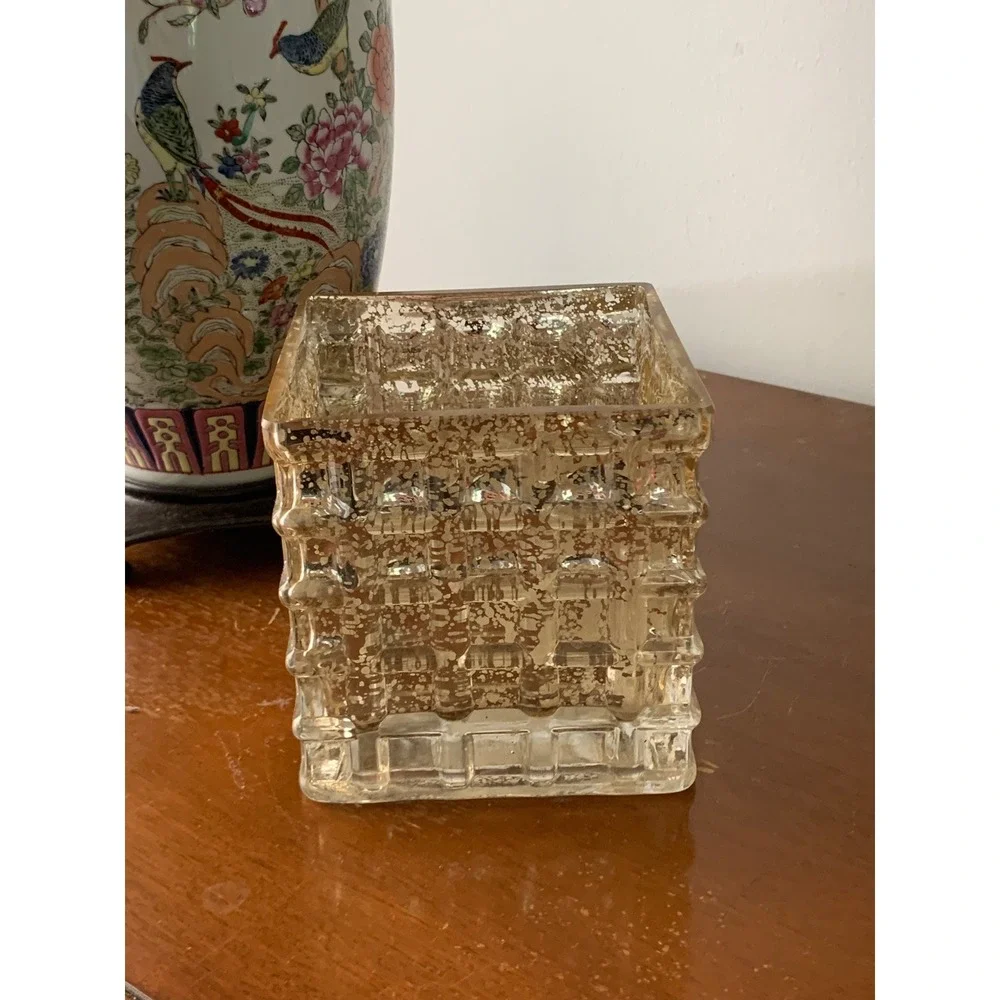 Mercury Glass Gold Square Waffle Grid Candle Holder Vase Hollywood Regency 4.5in